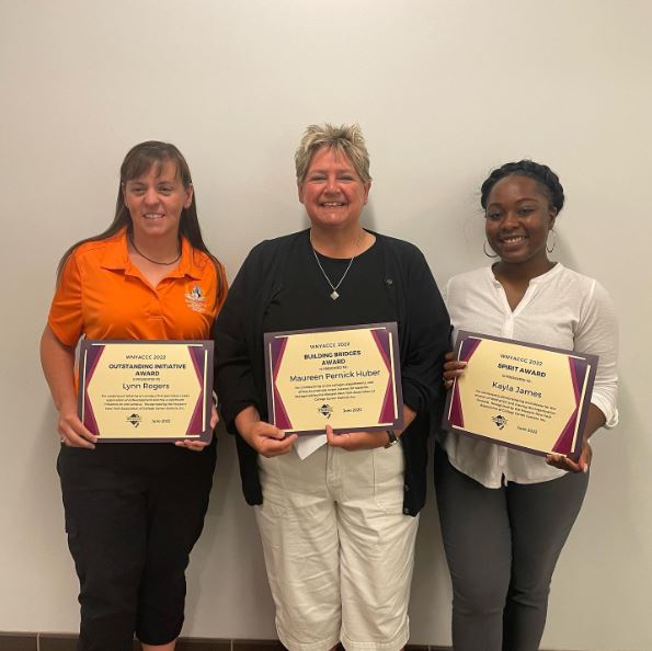 The Western New York Association of College Career Centers (WNYACCC) acknowledging (from left to right) Kayla James with the Spirit Award; Maureen Pernick Huber with the Building Bridges Award; and Lynn Rogers with the Outstanding Initiative Award