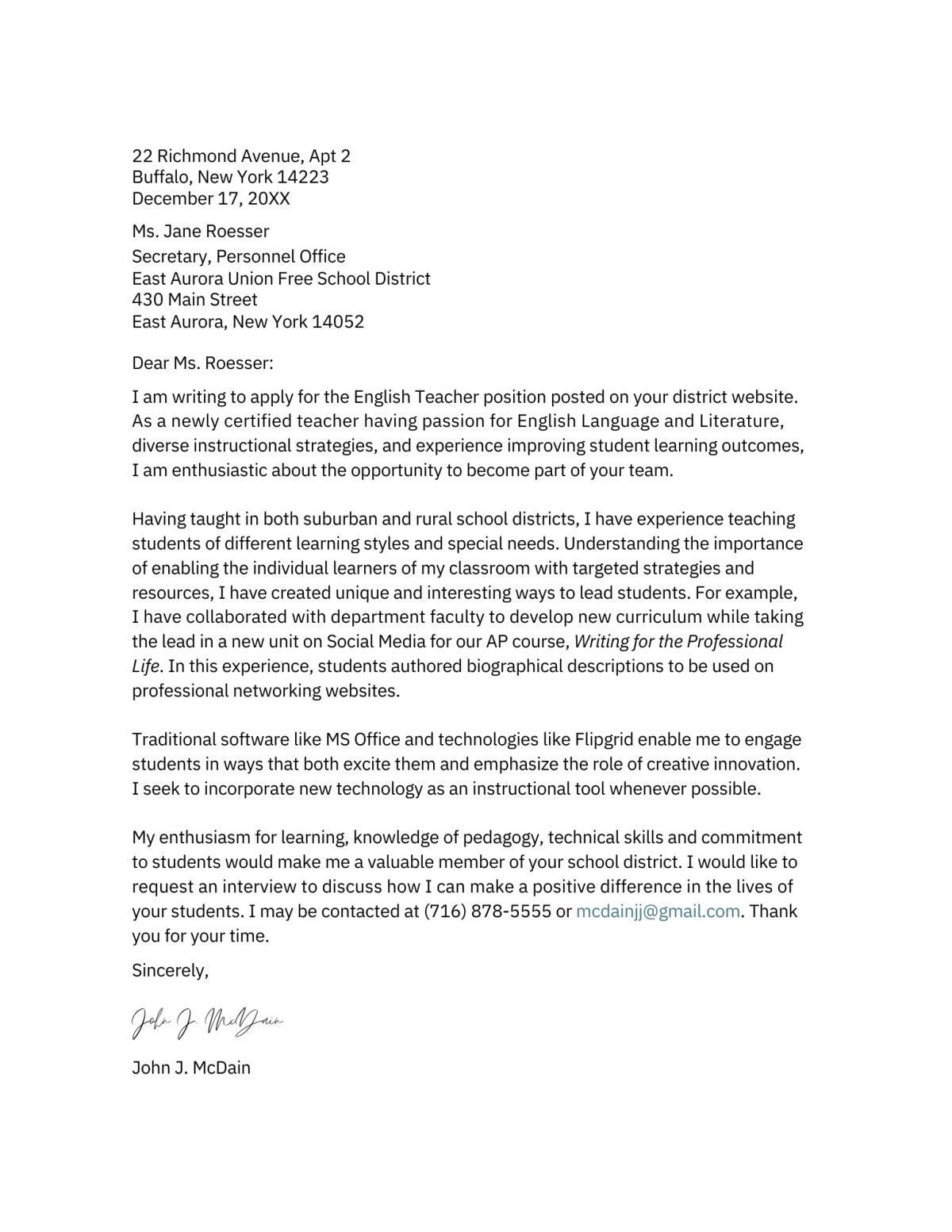 Sample Education Letter of Application