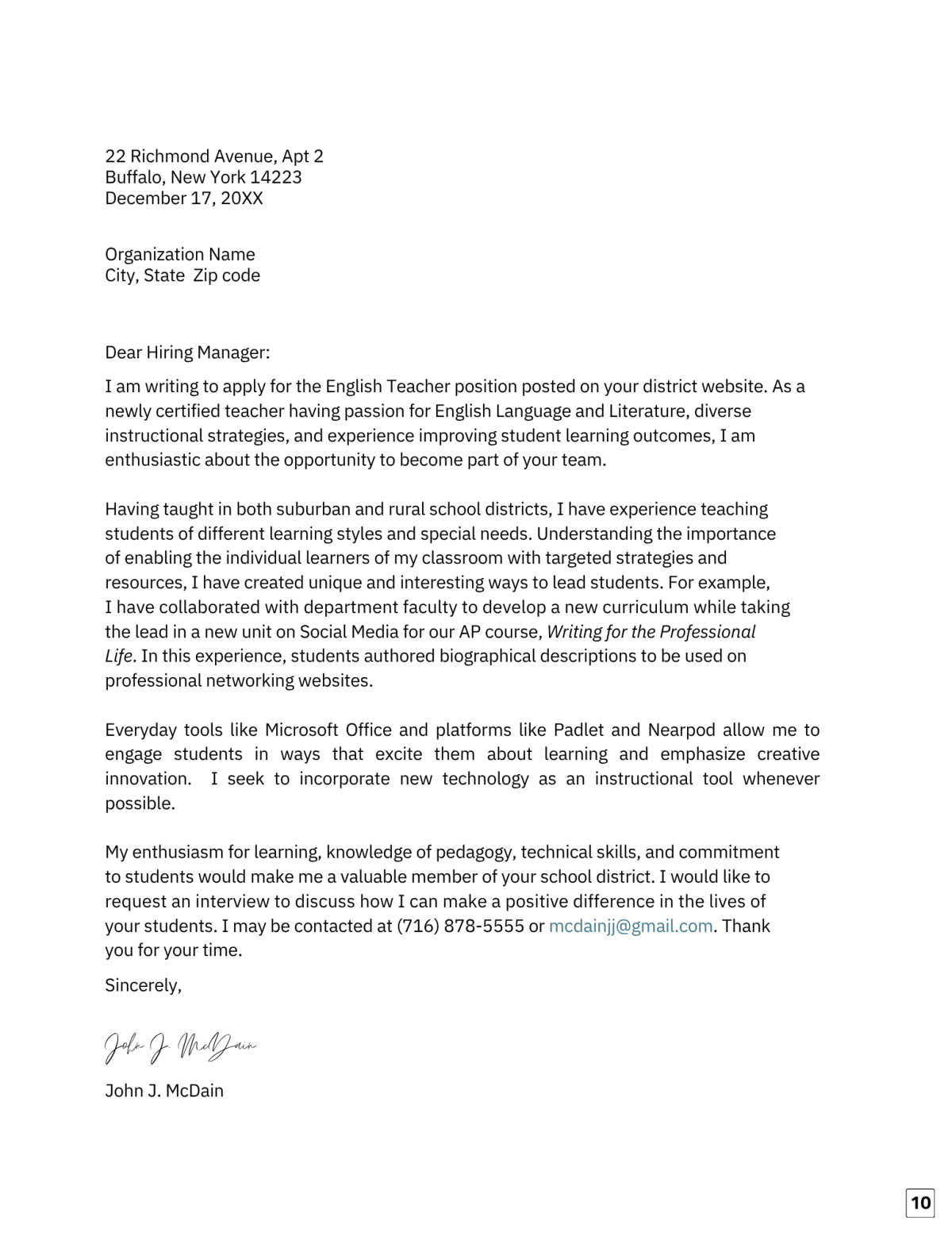 Sample Education Letter of Application